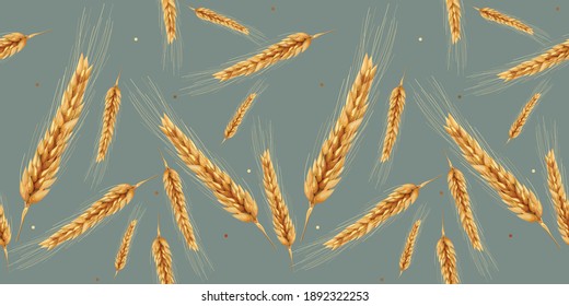 Patrón sin foco con trigo. Espigas de trigo dorado. Papel de escritorio, impresión, diseño textil, embalaje, papel. Ilustración vectorial.