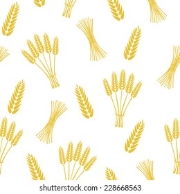 Seamless pattern with wheat spikes, sheaf of grain, sheaf of hay on white