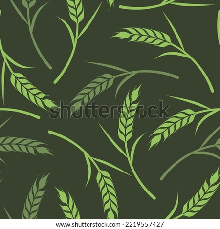 Seamless pattern of wheat with stems and leaves on green. Vector illustration background.