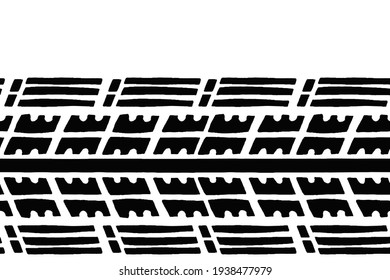 Seamless pattern with Wheel tires. Car tire tread tracks and dirty tires track. Vector isolated banner with empty space for text