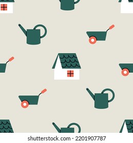 Seamless pattern with wheelbarrow, watering can and a house. Cute style. Gardening and rural lifestyle. Ideal for packaging. Hand drawn vector illustration. Print, fabric, wrapping paper etc.