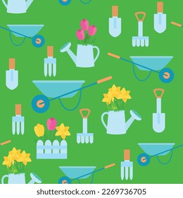 Estampilla sin costura, lata de riego, daffodils de flores y tulipanes, rastrillo, pala en el estilo de los niños de dibujos animados. Jardín y huerto en primavera en una parcela o granja.