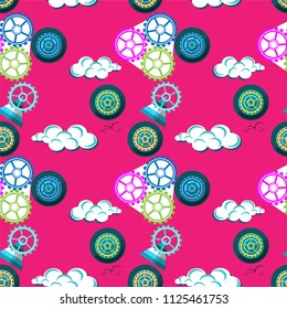 Seamless pattern with wheels, gears and clouds on a pink background. Vector illustration