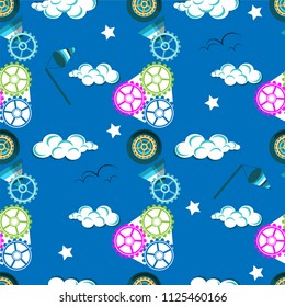 Seamless pattern with wheels, gears, stars and clouds on a blue background. Vector illustration