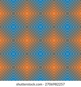 Patrón sin fisuras donde la flor de margarita geométrica blanca se superpone creando un fondo de efecto de malla con un gradiente repetitivo suave en azul vibrante y naranja que le da al diseño un Vector de textura óptica único