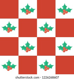 Seamless pattern which consists of white and red squares. On the white squares depicted a holly, and red - empty
