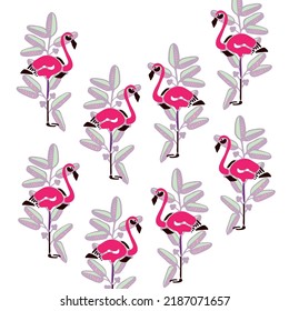 seamless pattern
which depicts a flamingo on a background of a branch with leaves