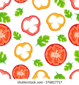 seamless pattern which depicts slices of pepper and tomato and parsley leaves