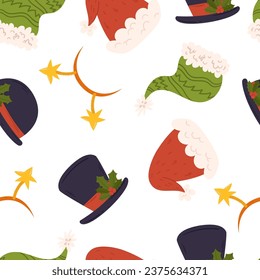Seamless Pattern With Whimsical Christmas Festive Hats, Radiating Holiday Cheer With Its Joyful Colors And Playful Design, Perfect For Festive Decorations And Seasonal Joy. Cartoon Vector Illustration