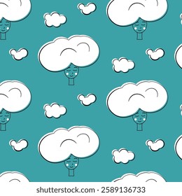 Seamless Pattern of Whimsical Cloud Faces on Turquoise Background. Whimsical seamless pattern featuring smiling white clouds with faces on a turquoise background. Perfect for designs related 