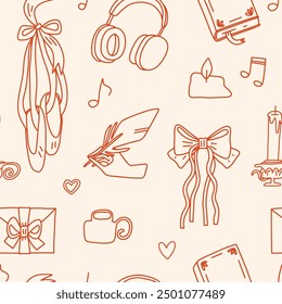 A seamless pattern with whimsical collection of doodle-style illustrations. Coquette elements: ballet shoes, bow, headphones, and gift boxes on a light background. Vector texture