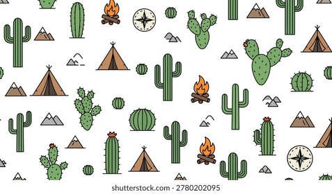 Seamless pattern with a whimsical desert theme. Features cute cacti, teepee tents, campfires, mountains, and compasses on a white background.