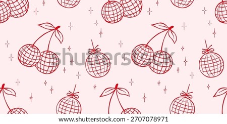 Seamless pattern with whimsical disco ball cherry and stars. Hand drawn vector backdrop.
