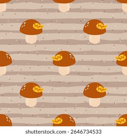 Seamless pattern with whimsical forest mushrooms, autumn leaves, and cozy earthy tones. Hand-drawn vector design perfect for seasonal textiles and childrens clothing.