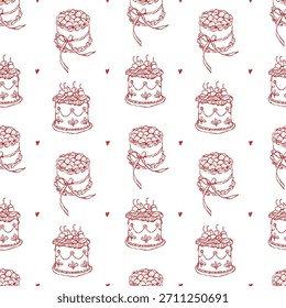A seamless pattern with a whimsical illustration of a cake and hearts. Hand-drawn line sketches of cakes for weddings, Valentines Day, birthdays, and parties. Vector red outline illustration on a