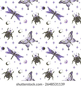 Seamless pattern of whimsical insects and celestial symbols on white background.