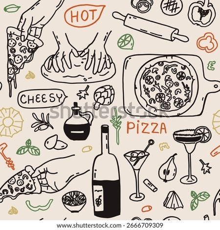 Seamless pattern with whimsical Italian pizza food wine party line art background. Whimsy mediterranean sketch dinner summer hand drawn doodle print. Wedding coquette vector print fabric illustration