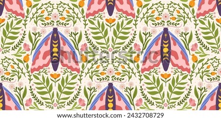 Seamless pattern with whimsical moth, flowers and leaves. Scandi style delicate folk repeated design for print on fabric, wrapping paper and other purpose.