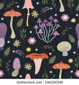 Seamless pattern with whimsical mushrooms