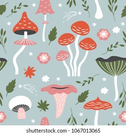 seamless pattern with whimsical mushrooms