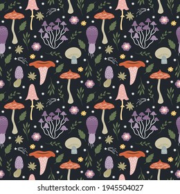 Seamless pattern with whimsical mushrooms