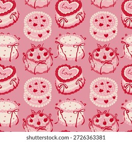 Patrón sin fisuras con caprichosos pasteles rosas retro. Ornamento vintage femenino para evento romántico o cumpleaños. Repite el azulejo para fondos, Fondos de pantalla y estampados nostálgicos