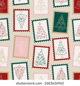 seamless pattern whimsical stamp christmas tree. Vector illustration.