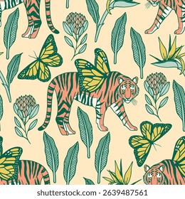 Seamless pattern of whimsical tigers with butterfly wings, surrounded by tropical leaves and flowers. 