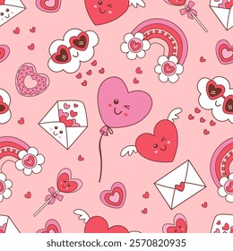 seamless pattern with whimsical valentine rainbow, cloud, balloon