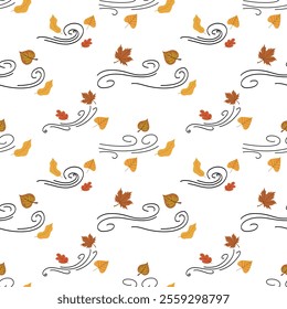 Seamless pattern with whirls of wind and colorful autumn leaves. Vector on white background