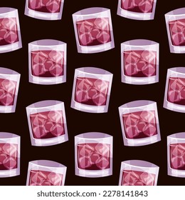 Seamless pattern of whiskey soda classic cocktail with ice. Italian aperitif cocktails. Alcoholic beverage for drinks bar menu. Beach Holidays, summer vacation, party, cafe bar, recreation. Vector