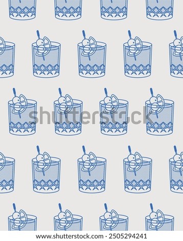Seamless pattern of whiskey sour cocktail with orange wheel and a maraschino cherry. Line art, retro. Vector illustration for bars, cafes, and restaurants.
