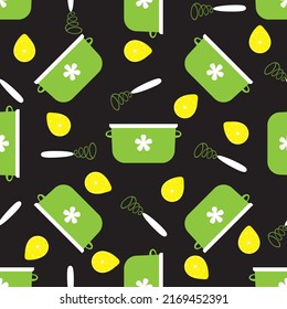 Seamless pattern with whisks and cookers. On black background.