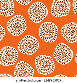 Seamless pattern with white abstract curls on a orange background. Scandinavian style hand drawn illustration in vector. Design for fabric textile print wrapping paper cover or gift wrap