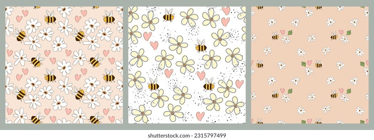 Seamless pattern with white abstract daisies flowers, cute doodle bees and hearts on a pink background. Childish print for wallpaper, fabric, clothes, cover