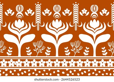 A seamless pattern, white abstract floral and botanical motifs on a warm orange-brown background. Inspired by traditional Scandinavian folk art, this ornate design is perfect for textile, print, tiles