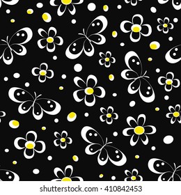 seamless pattern with white abstract flowers,  butterfly and white and yellow spots   on black background , vector illustration