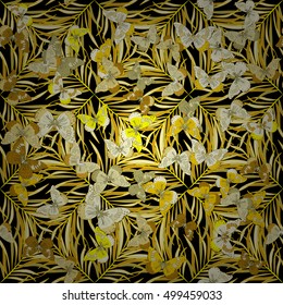 seamless pattern with white abstract flowers, butterfly and white and yellow spots on black background , vector illustration