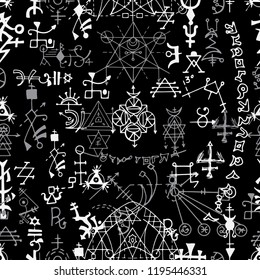 Seamless pattern with white abstract mystic symbols on black. Esoteric, occult and wicca concept, Halloween illustration with mystic symbols and sacred geometry 