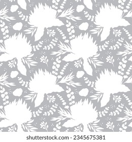 seamless pattern with white abstract protea flowers. Monochrome tropical floral background.