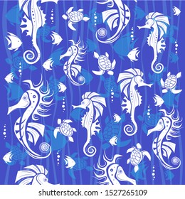 Seamless pattern. White abstract seahorse, turtle and fish design on blue background. Vector creative illustration.