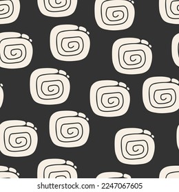 Seamless pattern with white abstract shapes with curl on a black  background. Modern hand drawn illustration in vector. Design for fabric textile print wrapping paper cover or gift wrap
