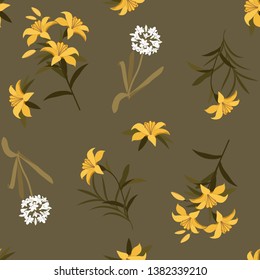 Seamless pattern. White agapanthus flower pattern and lily on a brown background. This pattern can be used for printing on textiles, wallpaper and other surfaces. svg