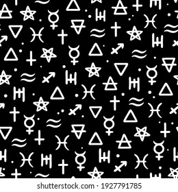 seamless pattern of white alchemical signs on a black background