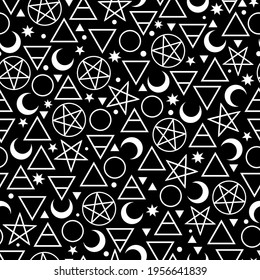 seamless pattern of white alchemical signs on a black background