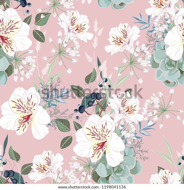 シームレスな模様と白いアルストレエメリアの花 葉 ベリー 手描きのビンテージ背景 壁紙または布地の花柄 ピンク の背景 のベクター画像素材 ロイヤリティフリー