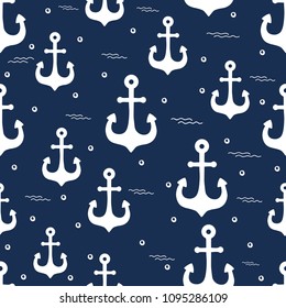 Seamless pattern with white anchor on blue background
