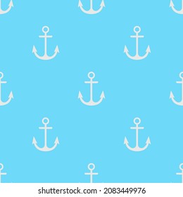 Seamless pattern with white anchor on a blue background. Vector illustration.