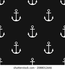 Seamless pattern with white anchor on a black background. Vector illustration.