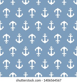 Seamless pattern with white anchors and blue background. Cute and childish design for fabric, textile, wallpaper, bedding, swaddles or gender-neutral apparel.
